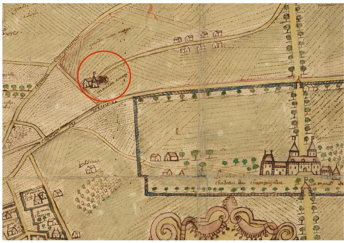 Fac similé plan Mornand 1710 - détail moulin à vent et château de Champagneux (Archives Municipales de Lyon 2S/77)