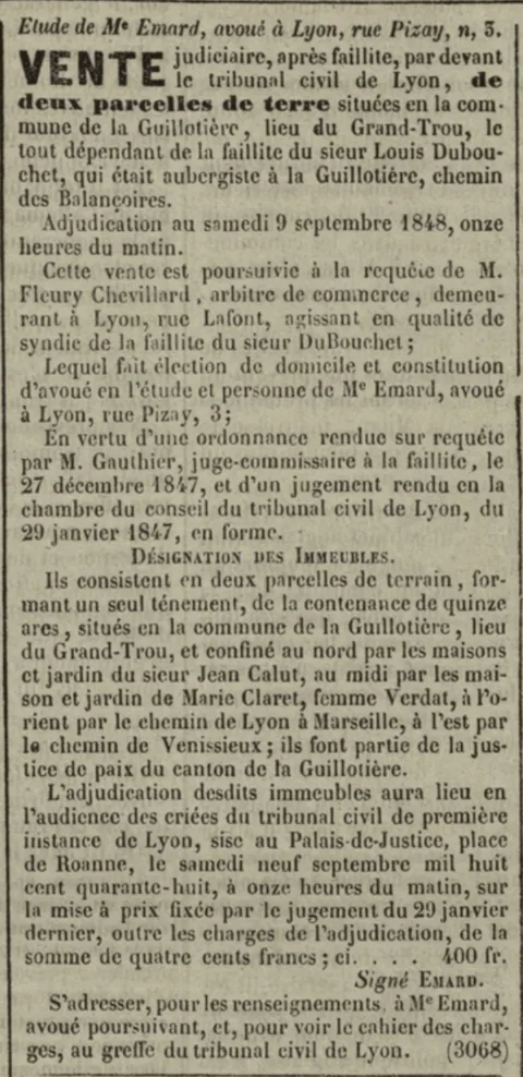 Annonce parue dans le journal Le Censeur du 14 août 1848