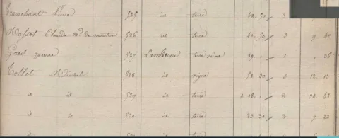Registre cadastral de 1825 où figure la parcelle 527 au lieu-dit Lambuni,  propriété de Pierre Gros
