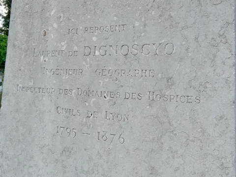 Epitaphe de Laurent Dignosscyo (1795-1876) dans l'enclave du cimetière des Hospices civils de Lyon