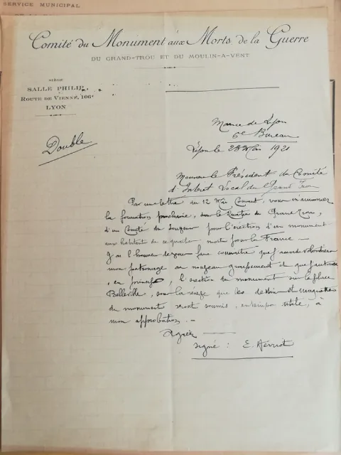 Accord d'Édouard Herriot pour l'érection du monument aux morts de la place Belleville