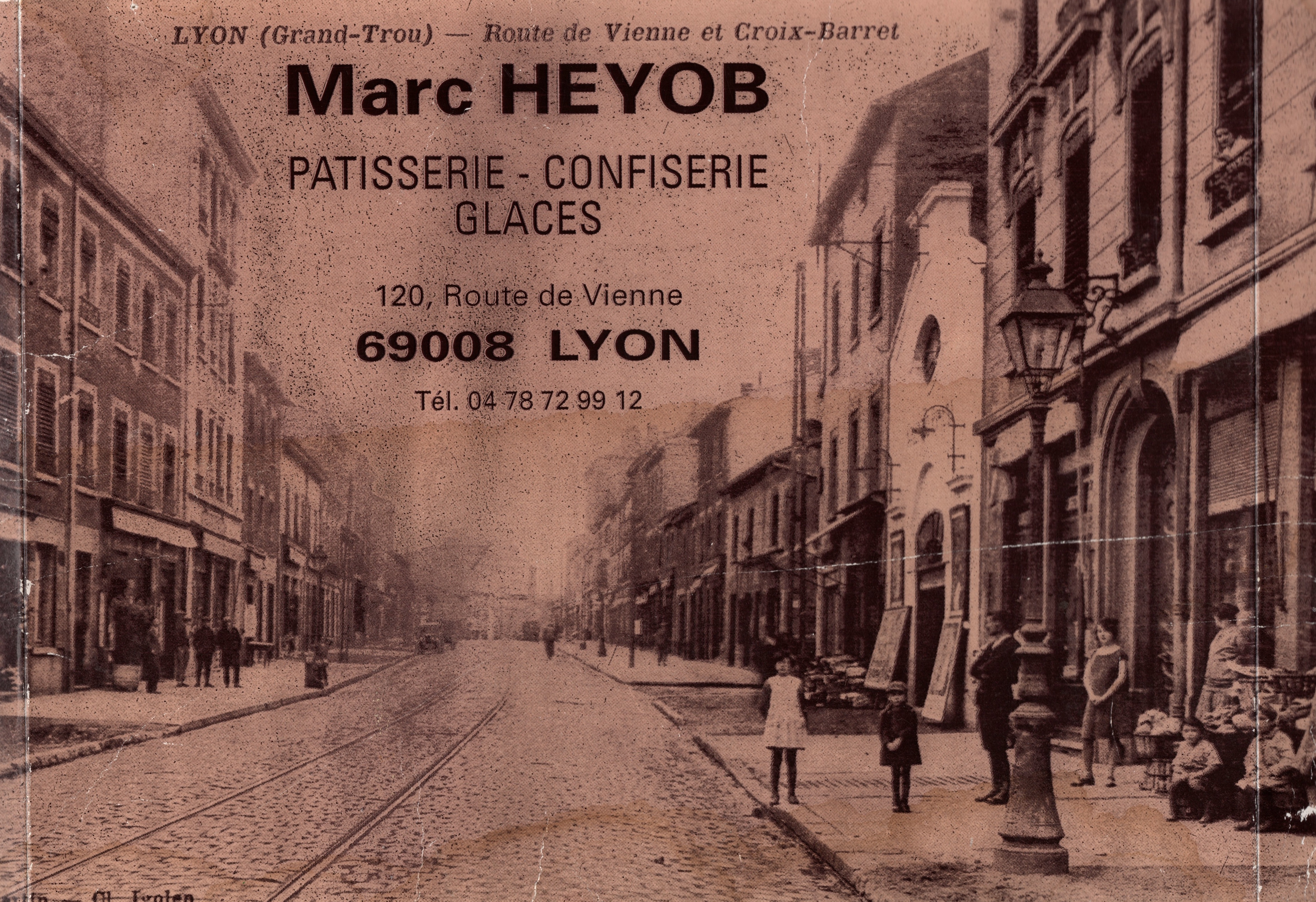 Emballage publicitaire de l'ancienne pâtisserie Heyob, 120 route de Vienne