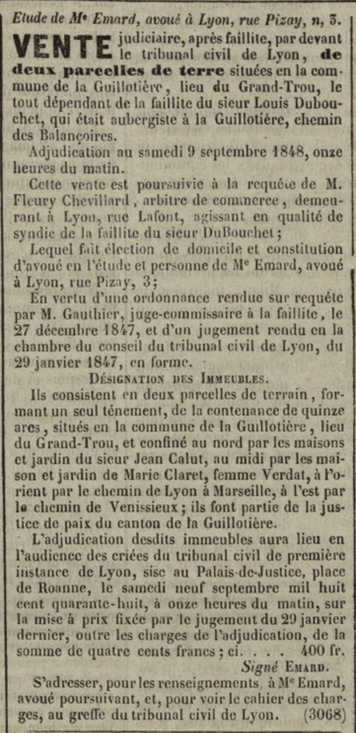 Annonce parue dans le journal Le Censeur du 14 août 1848
