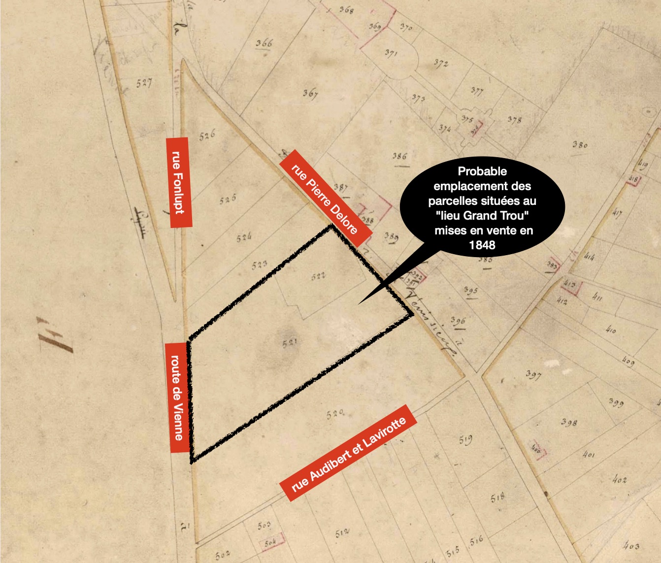 Probable emplacement des parcelles désignées dans l'article du Censeur de 1848