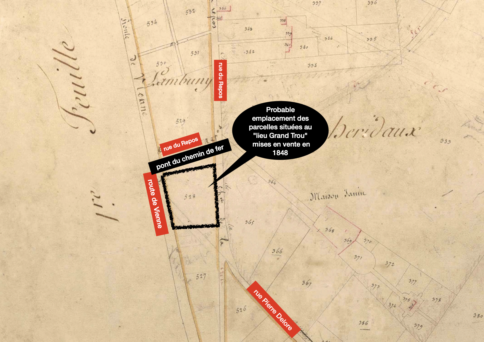 Emplacement probables des parcelles vendues en 1848 au lieu-dit du Grand Trou