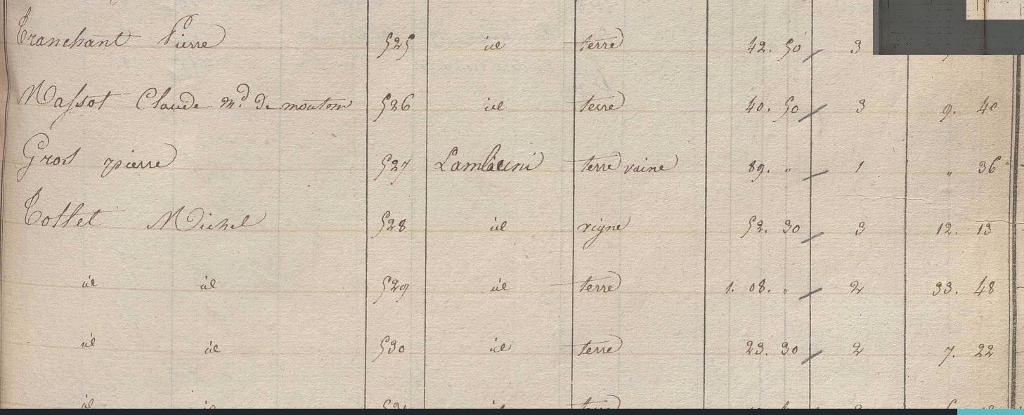 Registre cadastral de 1825 où figure la parcelle 527 au lieu-dit Lambuni,  propriété de Pierre Gros