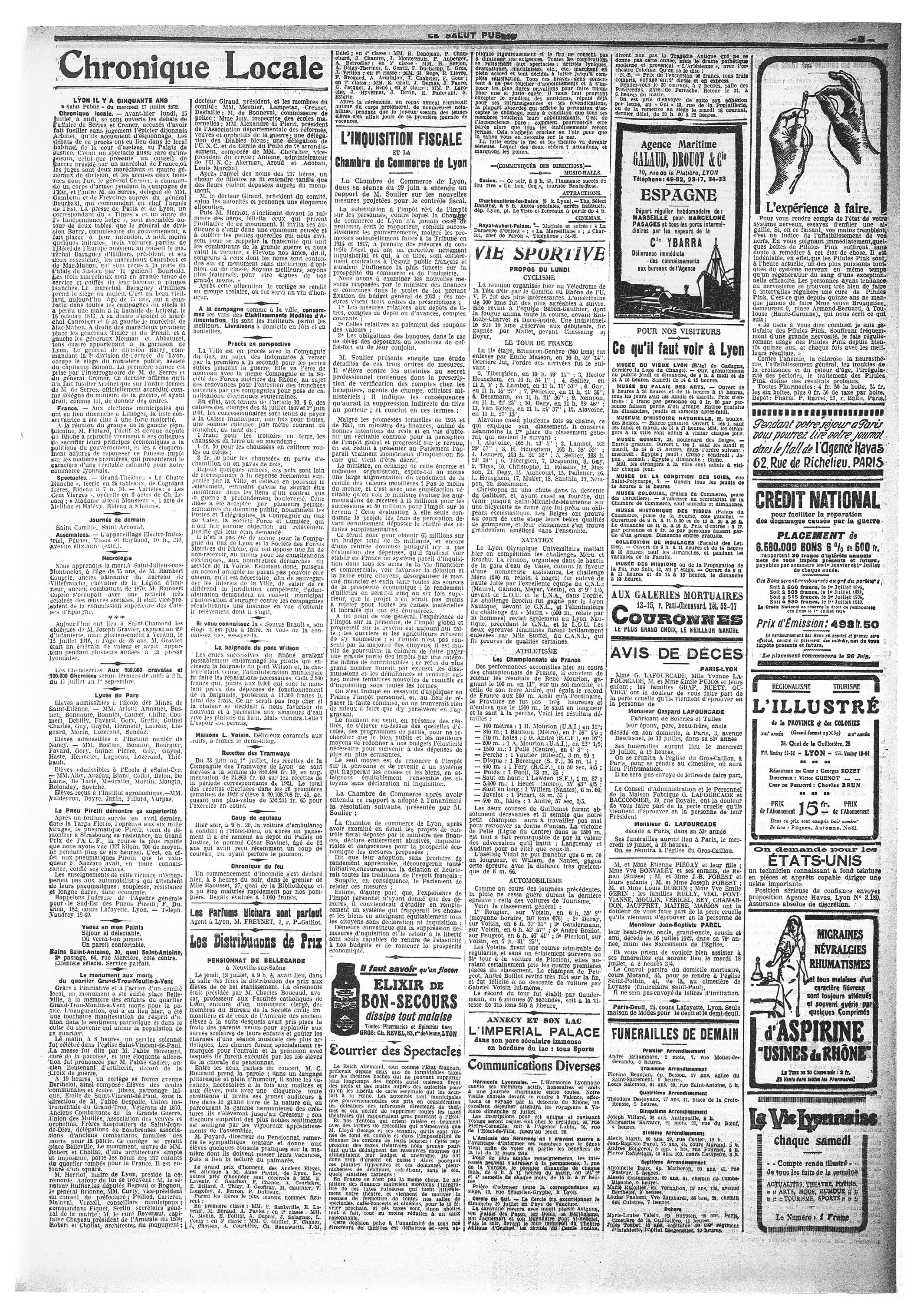 Le Salut Public (juillet 1922) : article relatant l'inauguration du monument (en bas à gauche de la page)