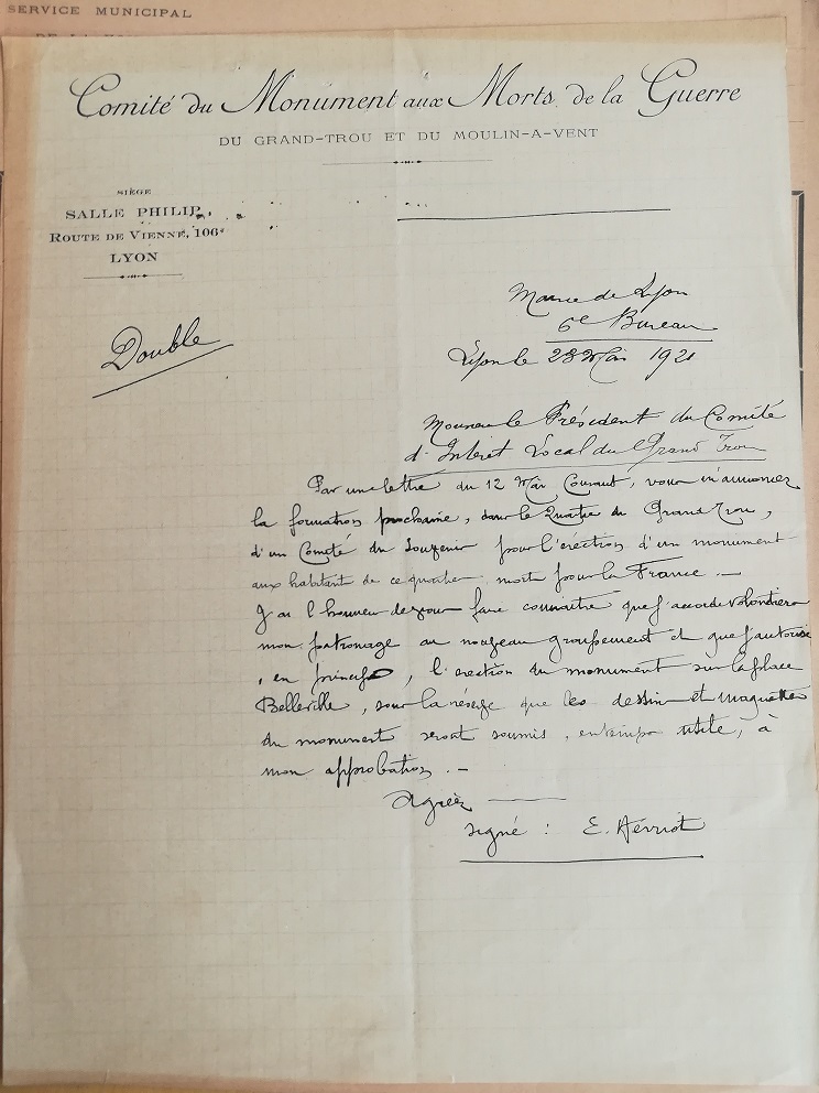 Accord d'Édouard Herriot pour l'érection du monument aux morts de la place Belleville